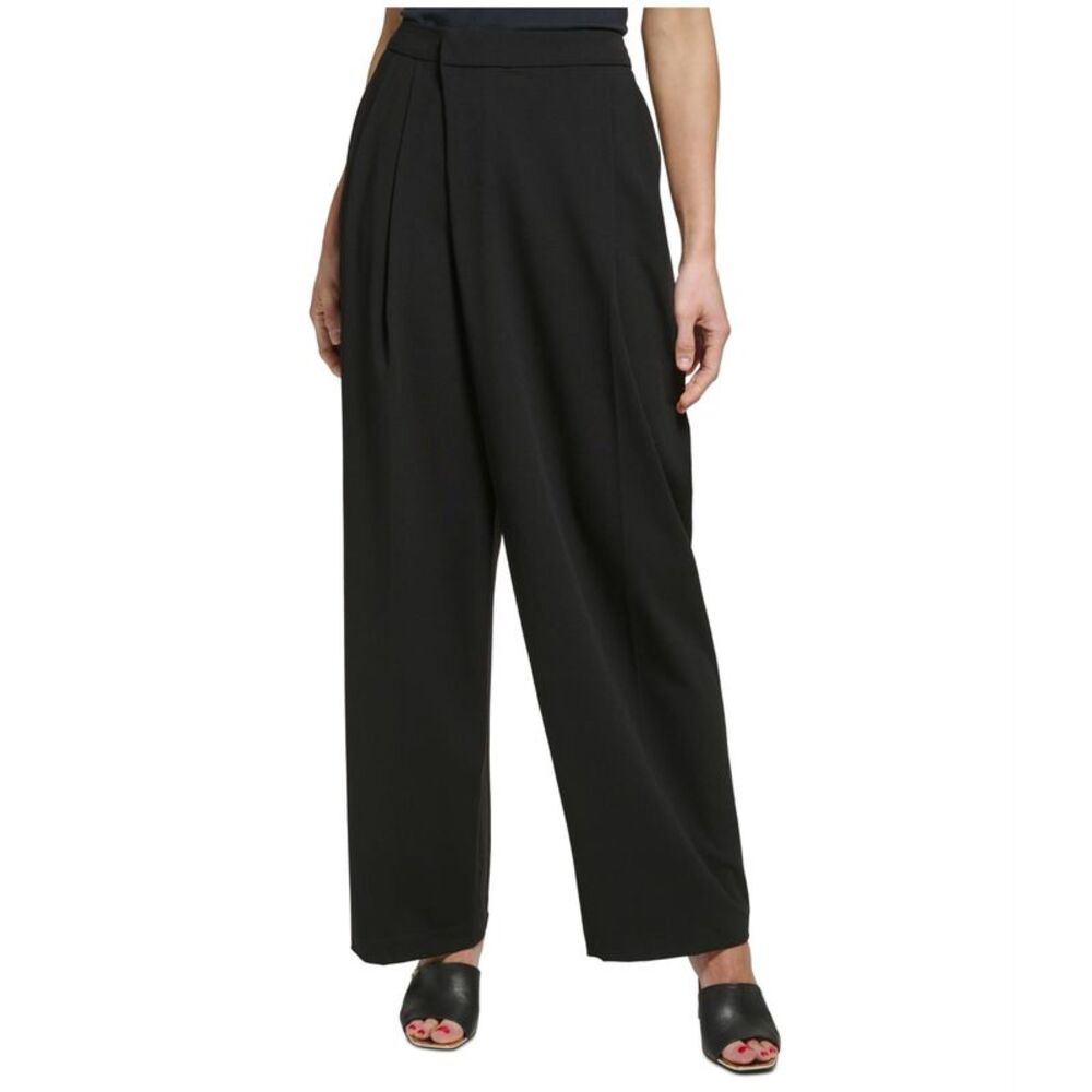 DKNY Womens Draped High Rise Straight Leg Relaxed Casual Pants, Black, Petite...
